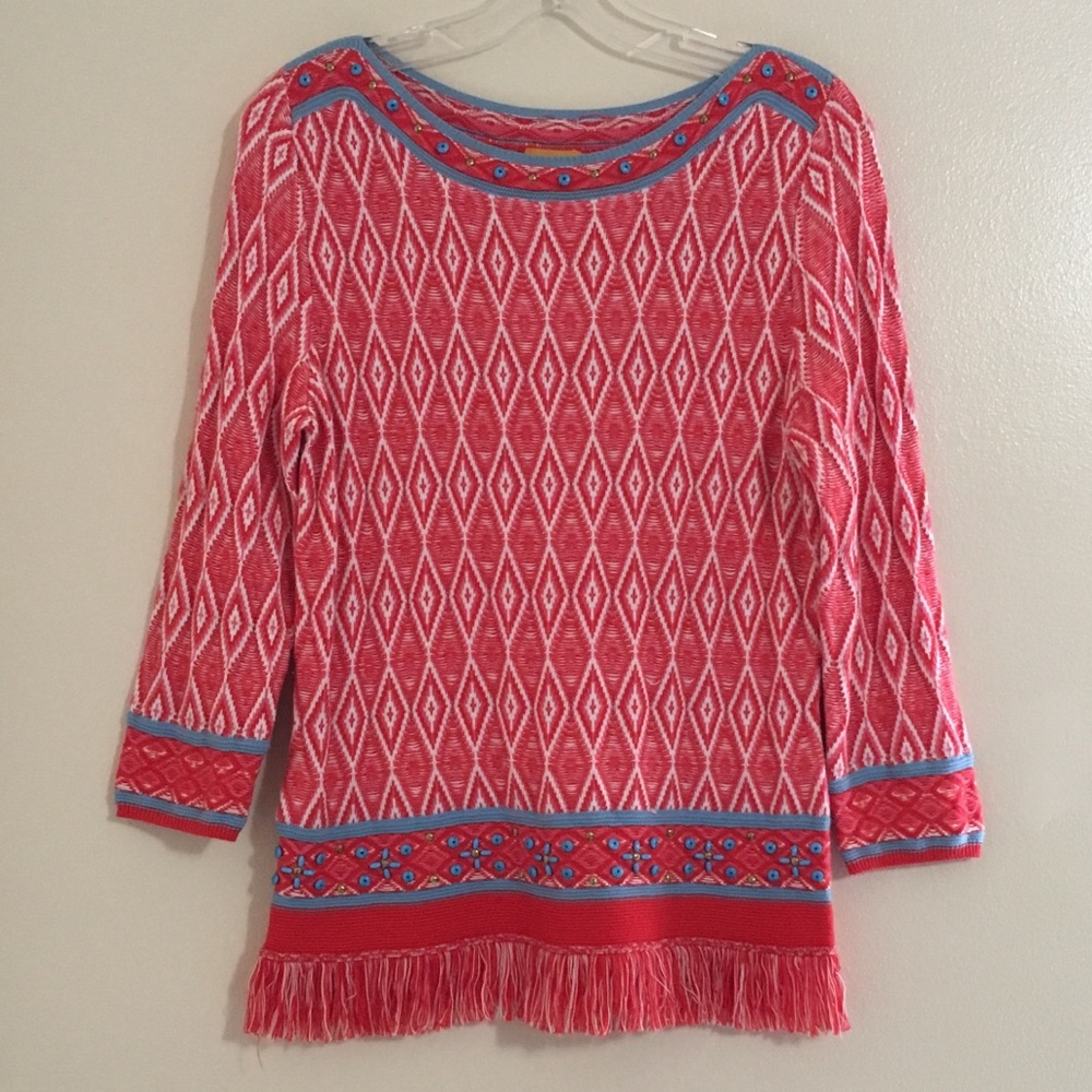 Ruby Rd XS Knit Pullover Sweater w/ Fringe and Beaded Detail Southwest